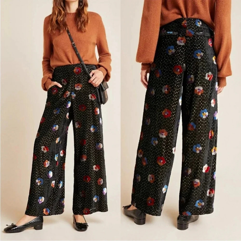 Anthropologie Eva Franco Pasquette Velvet Wide-Leg Pants Floral Print Size 4